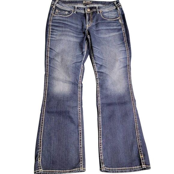 Silver Jean Co. Thick Stitched Embellished Pockets Twisted Blue Denim Jeans - Picture 2 of 14